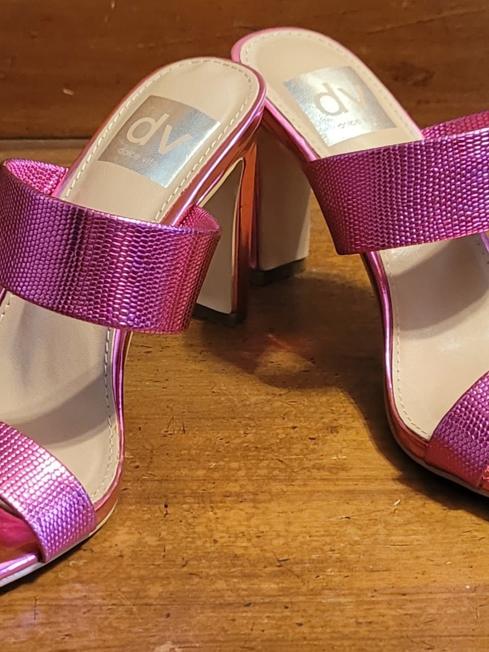 DV by Dolce Vita Metallic Fuchsia Block Heel Sandals